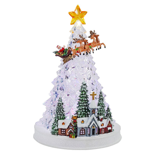 Lighted Musical Christmas Tree Village Scene With Flying Santa
